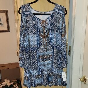 Style & Co Blue and Brown Geometric Blouse